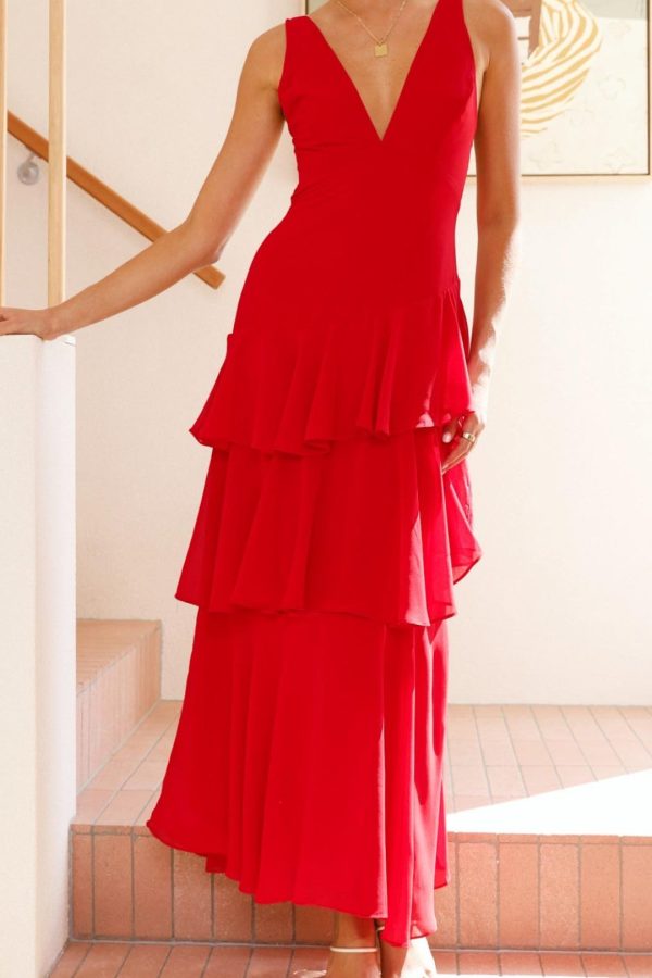 Toperth Red Ruffle Tie Back Maxi Dress