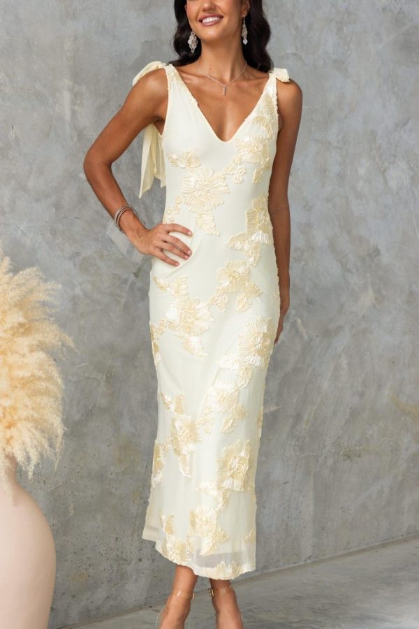 Toperth Yellow Embroidered Floral Tie Strap Maxi Dress