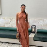 Toperth Chocolate Pleated Halter Open-Back Maxi Dress photo review