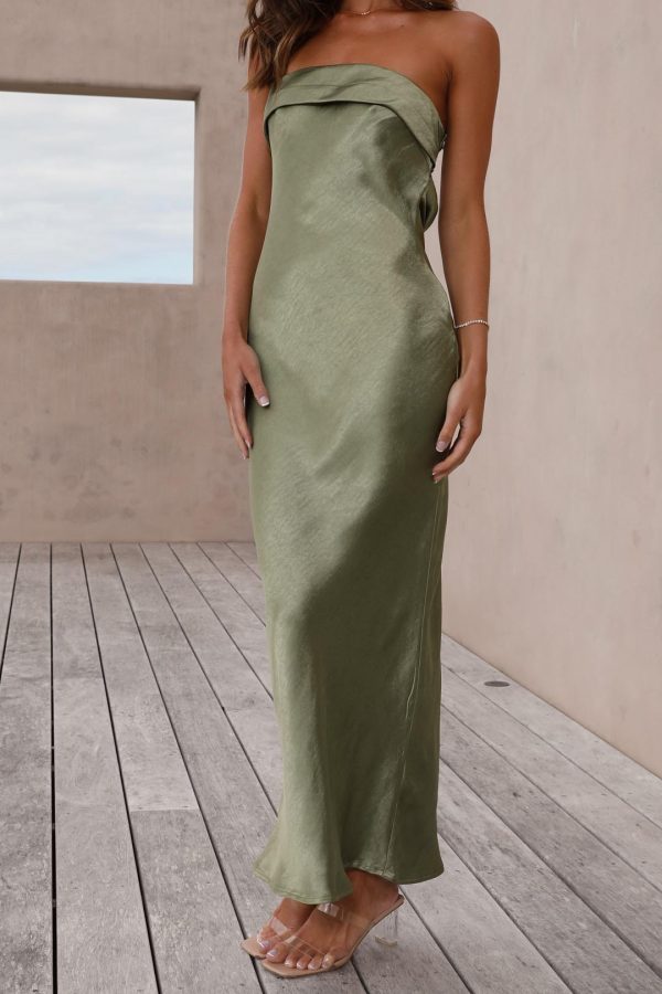 Toperth Olive Strapless Cowl Back Maxi Dress