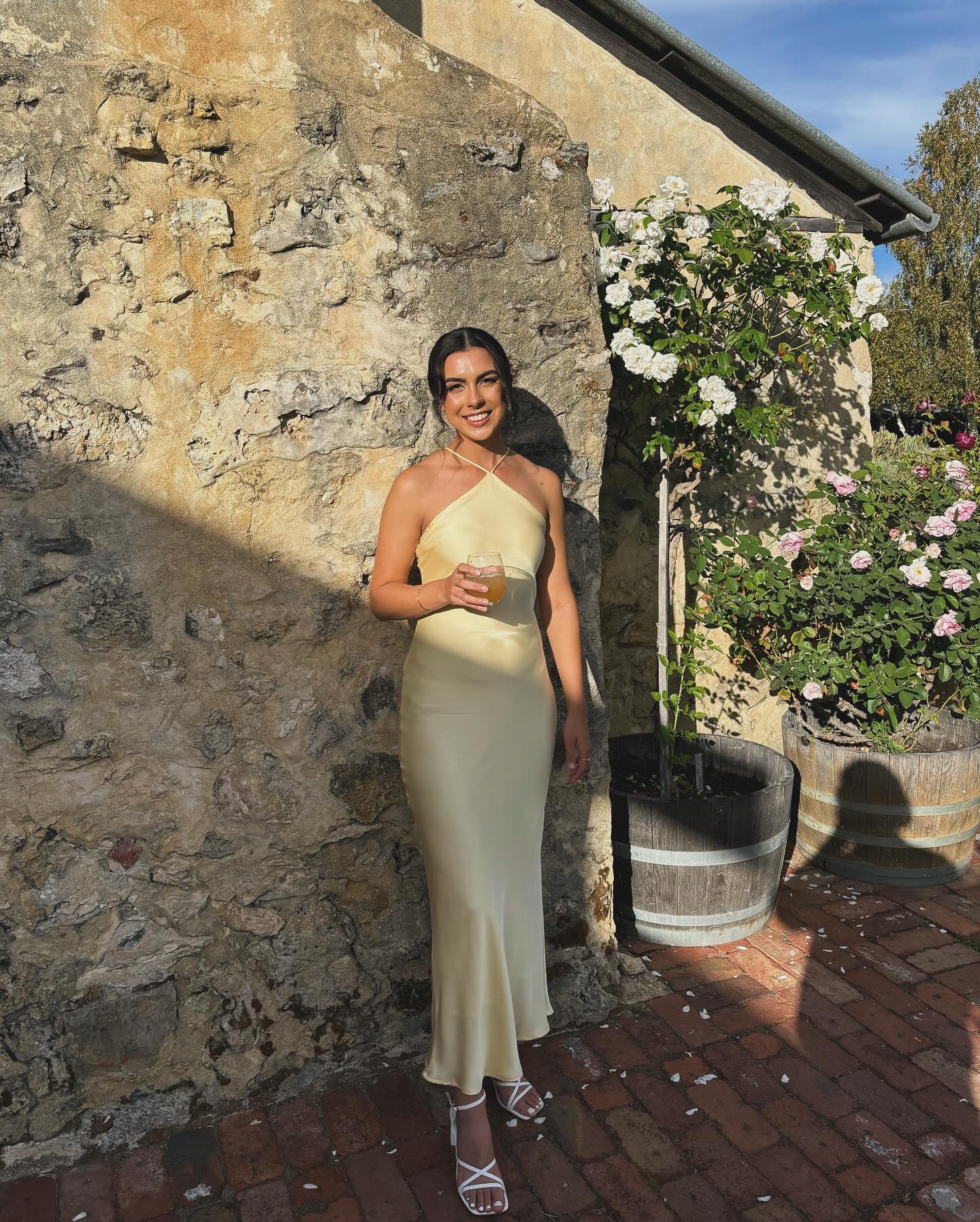 Toperth Yellow Satin Halter Tie-Back Maxi Dress photo review