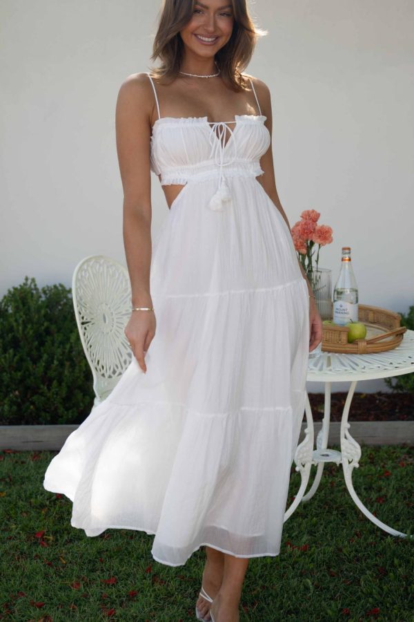 Toperth White Sheer Cutout Frilled Trimmings Maxi Dress