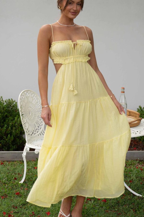 Toperth Yellow Sheer Cutout Frilled Trimmings Maxi Dress
