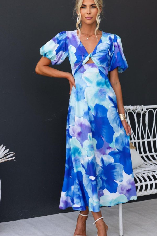 Toperth Blue Floral V-Neck Twist Accent Midi Dress