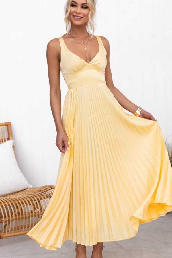 Toperth Yellow Satin Pleated V-Neck Maxi Dress