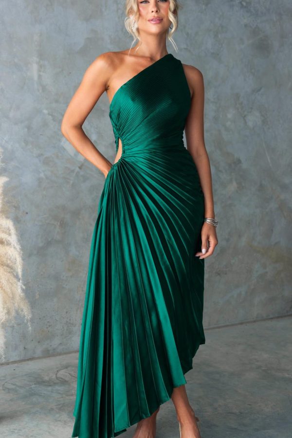 Toperth Forest Green Pleated One-Shoulder Maxi Dress