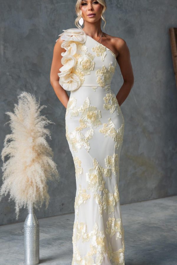 Toperth Yellow Embroidered Ruffle One-Shoulder Mesh Maxi Dress