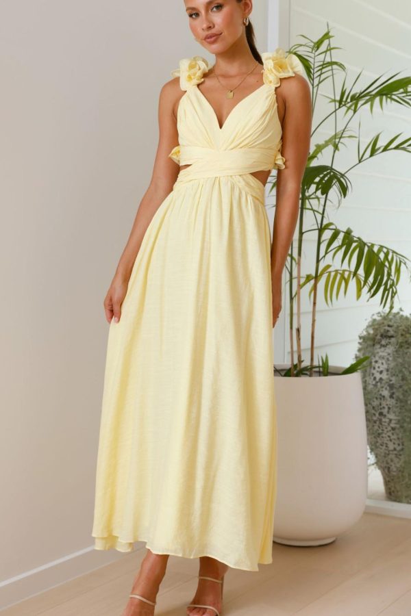 Toperth Yellow Ruffle Strap V-Neck Maxi Dress