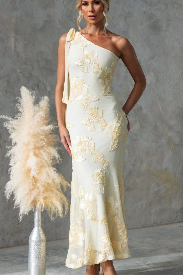 Toperth Yellow Embroidered Floral One-Shoulder Maxi Dress