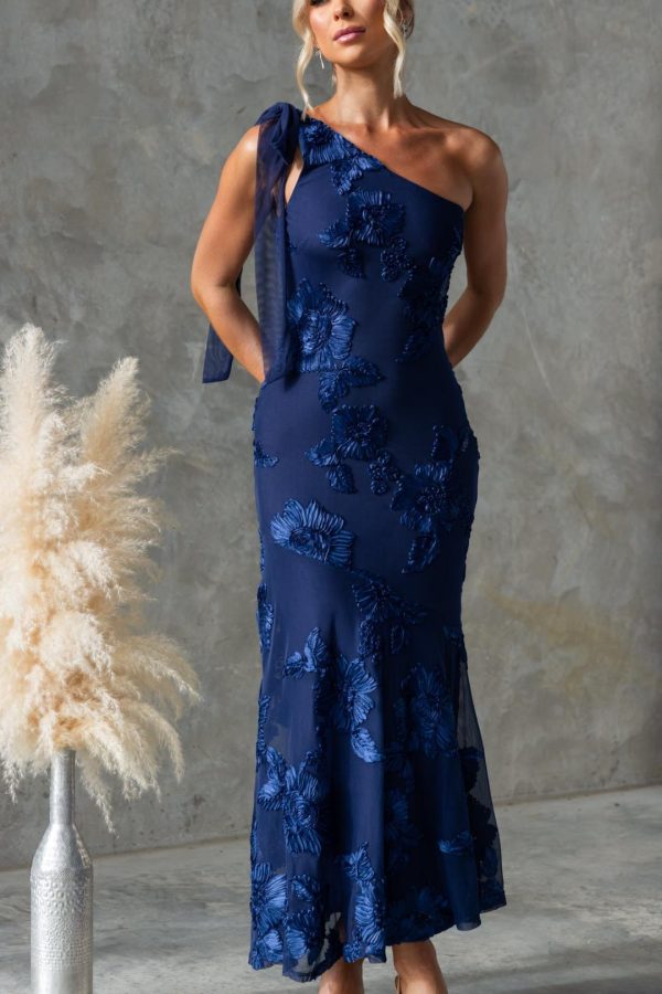 Toperth Navy Embroidered Floral One-Shoulder Maxi Dress