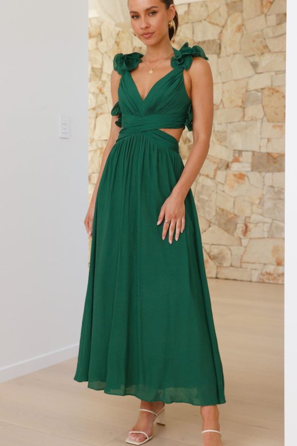 Toperth Forest Green Ruffle Strap V-Neck Maxi Dress