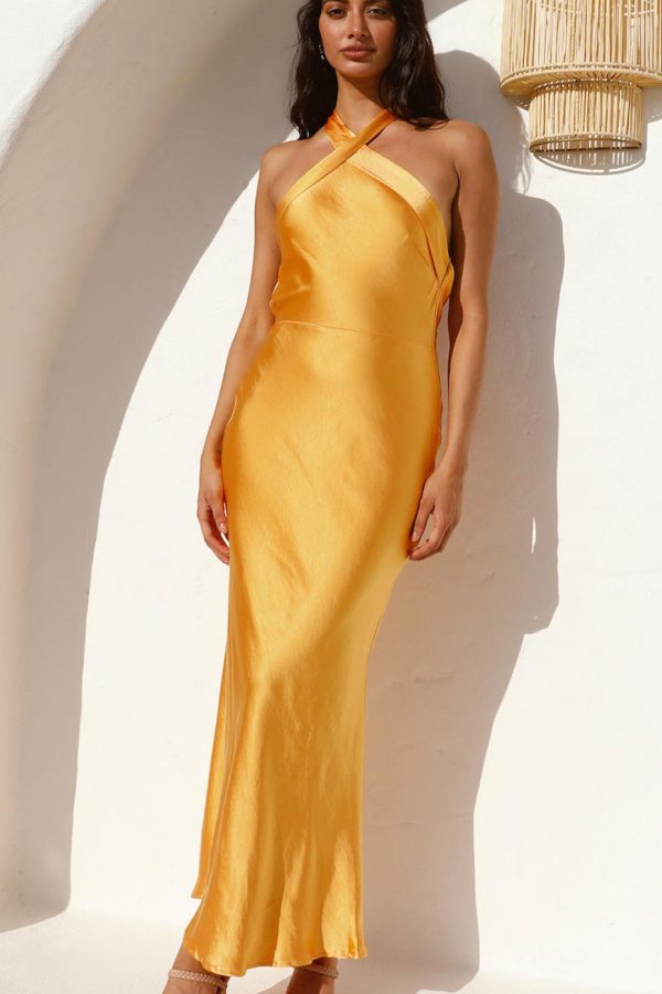 Toperth Yellow Satin Halter Backless Maxi Dress