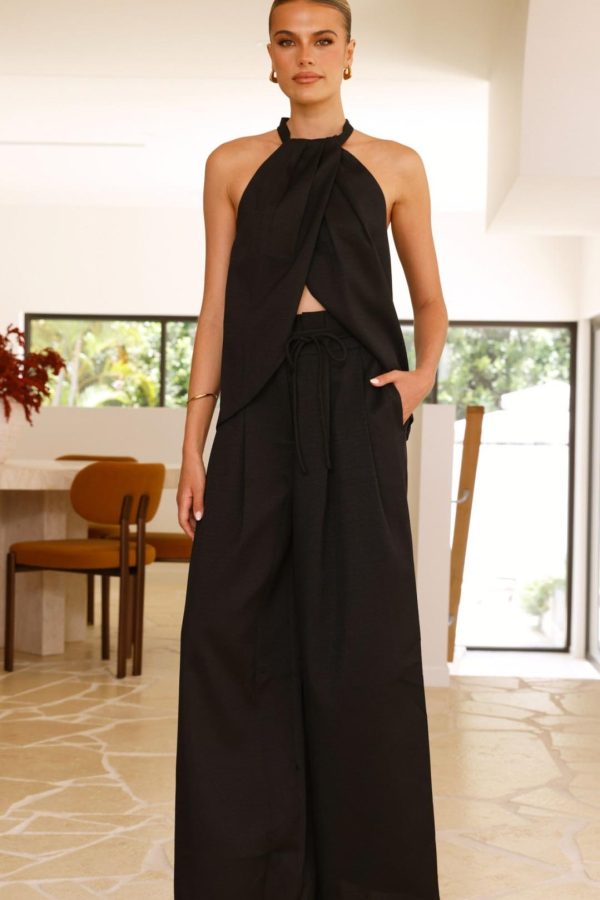 Toperth Black Halter Folded Front Two-Piece Set