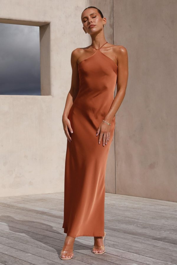 Toperth Copper Satin Halter Tie-Back Maxi Dress