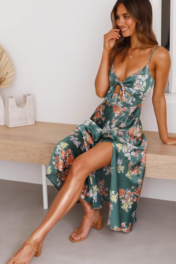 Toperth Green Floral Satin Tie-Front Cut-Out Midi Dress