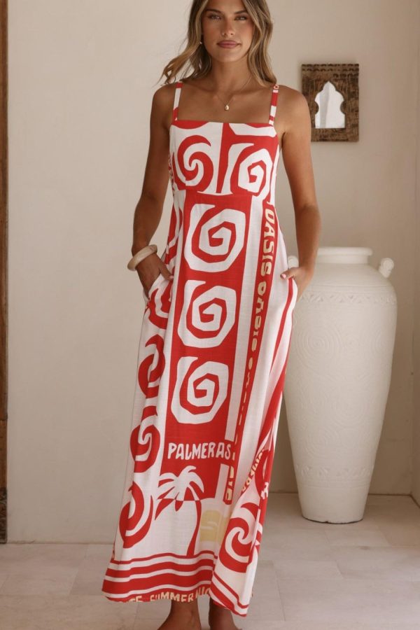 Toperth Red Palmeras Print Shirred-Back Maxi Dress