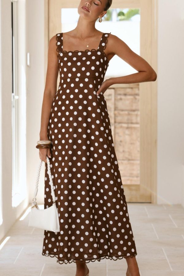 Toperth Brown Polka Dot Scallop Trim Square Neck Maxi Dress
