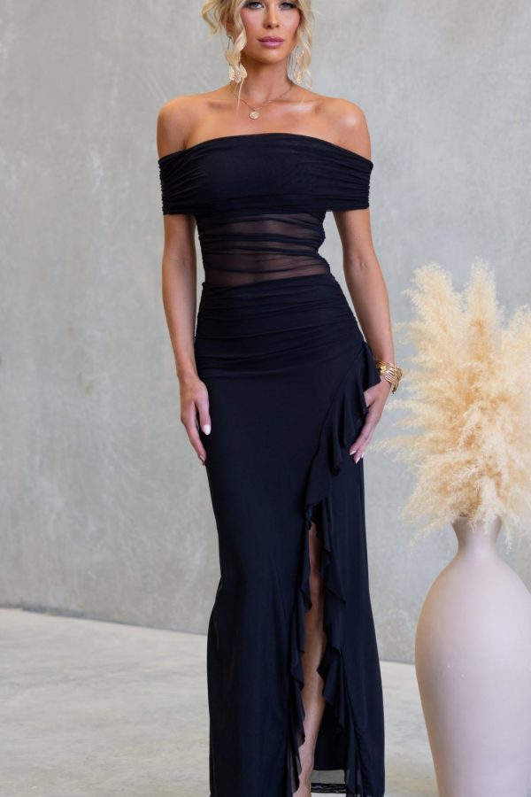 Toperth Black Ruched Mesh Off-Shoulder Maxi Dress