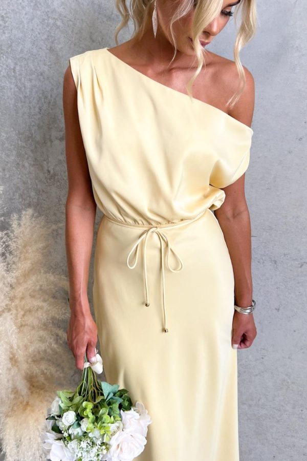 Toperth Yellow Draped Satin One-Shoulder Maxi Dress