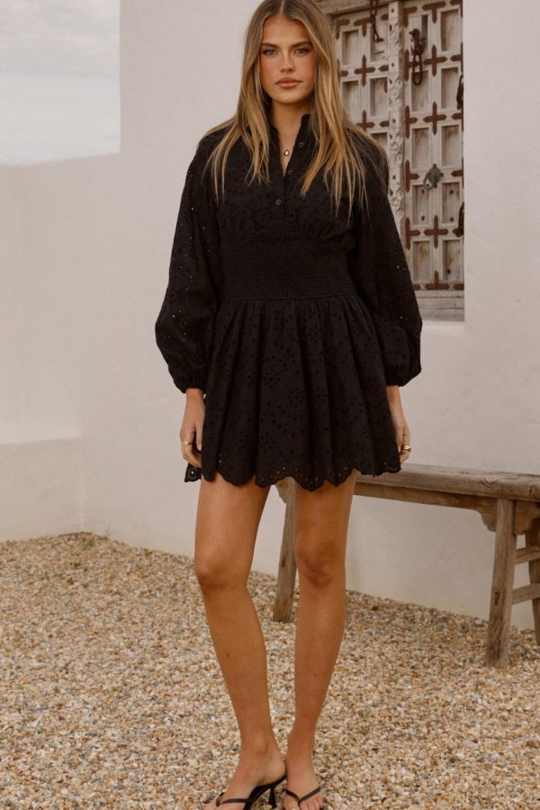 Toperth Black Broderie Shirred Mini Dress