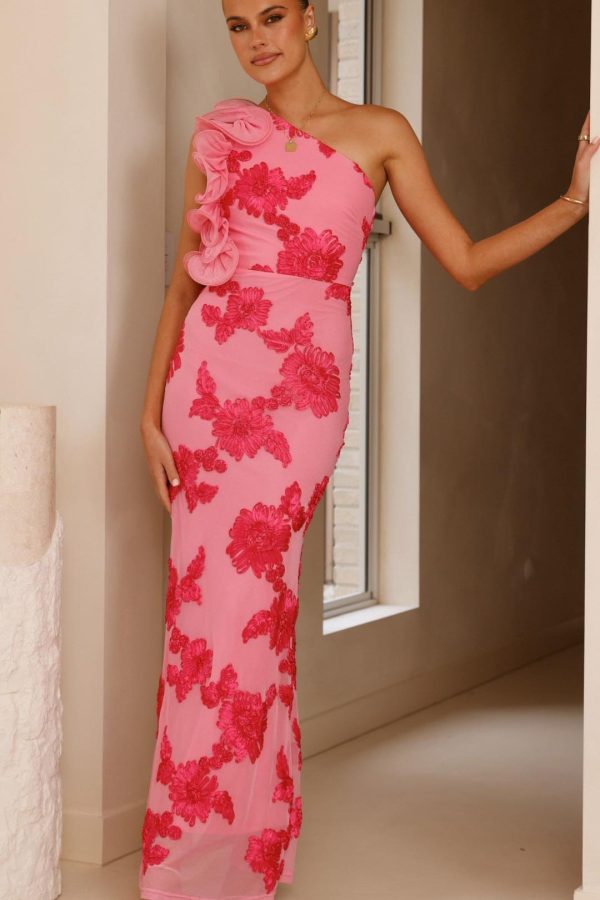 Toperth Pink Embroidered Ruffle One-Shoulder Mesh Maxi Dress