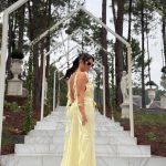 Toperth Yellow Cascading Ruffle Open Back Maxi Dress photo review