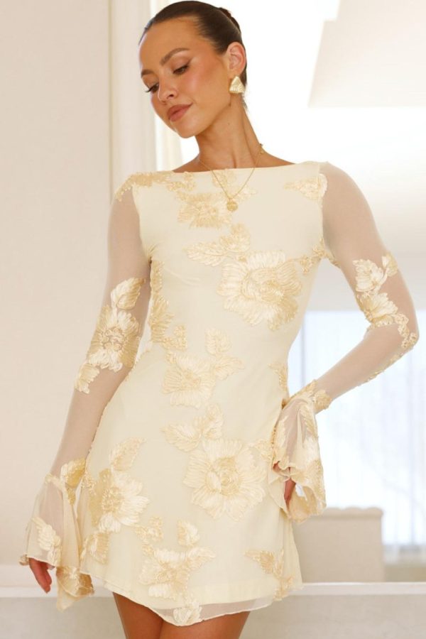 Toperth Yellow Floral Embroidered Flounce-Sleeve Mini Dress