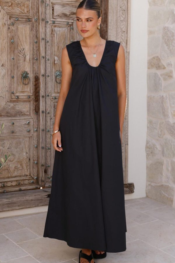 Toperth Black Gathered-Neck A-Line Maxi Dress