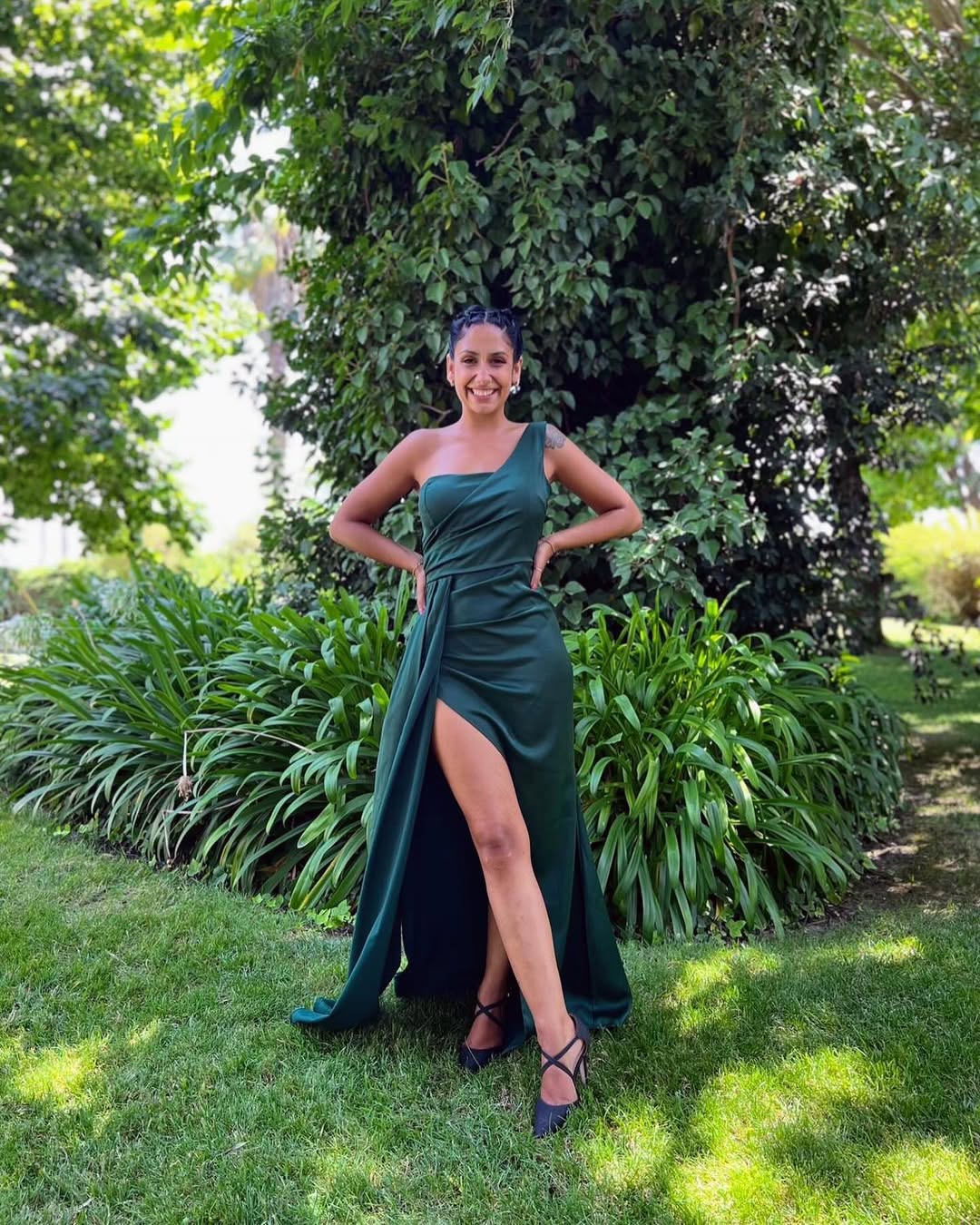 Click to view full screen Toperth Emerald Cascading Drape High Slit Satin Maxi Dress photo review