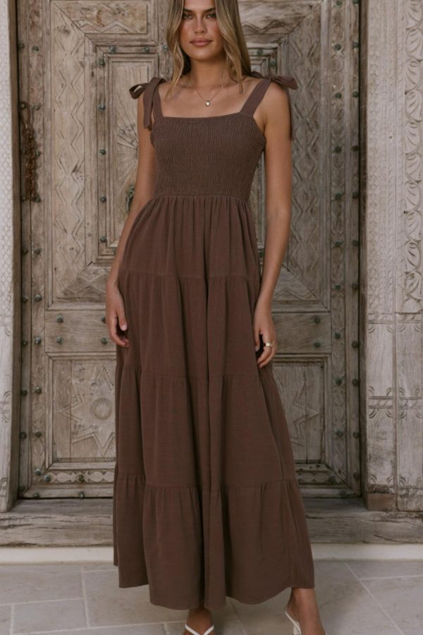 Toperth Chocolate Tie-Strap Pocketed Shirred Maxi Dress